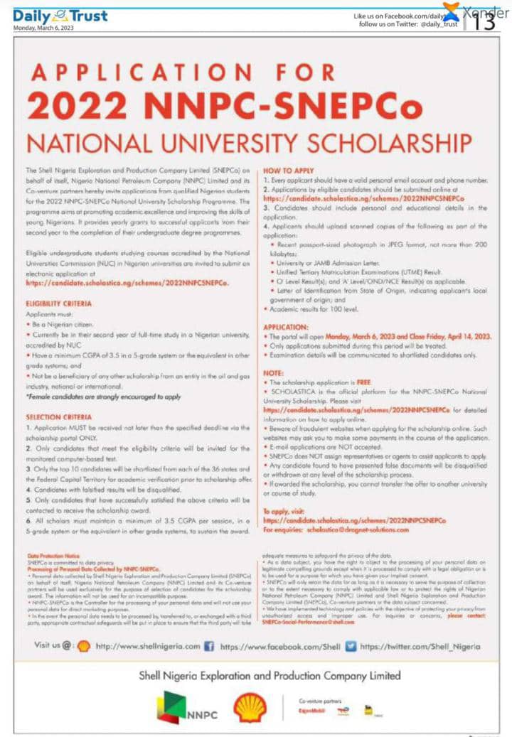 2023 Nnpc-Snepco National University Scholarship For Nigerians