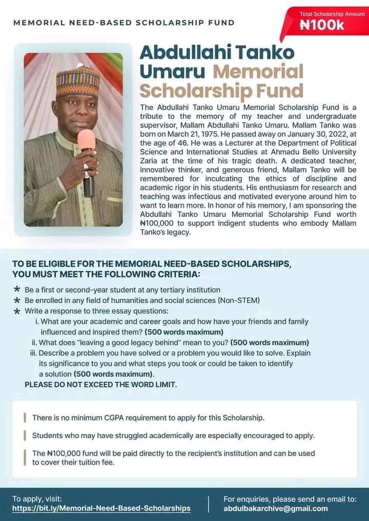 Abdullahi Tanko Umaru Memorial Scholarship Fund (₦100,000)